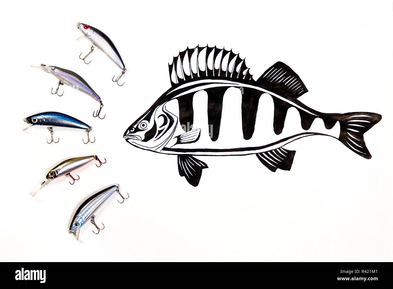 Different kinds of the fishing plastic baits with ink drawing fish on the white background. Stock Photo