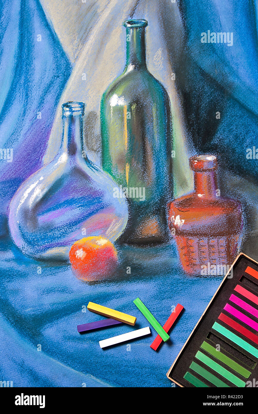 Artists pastels and original pastel drawing of still life. Stock Photo