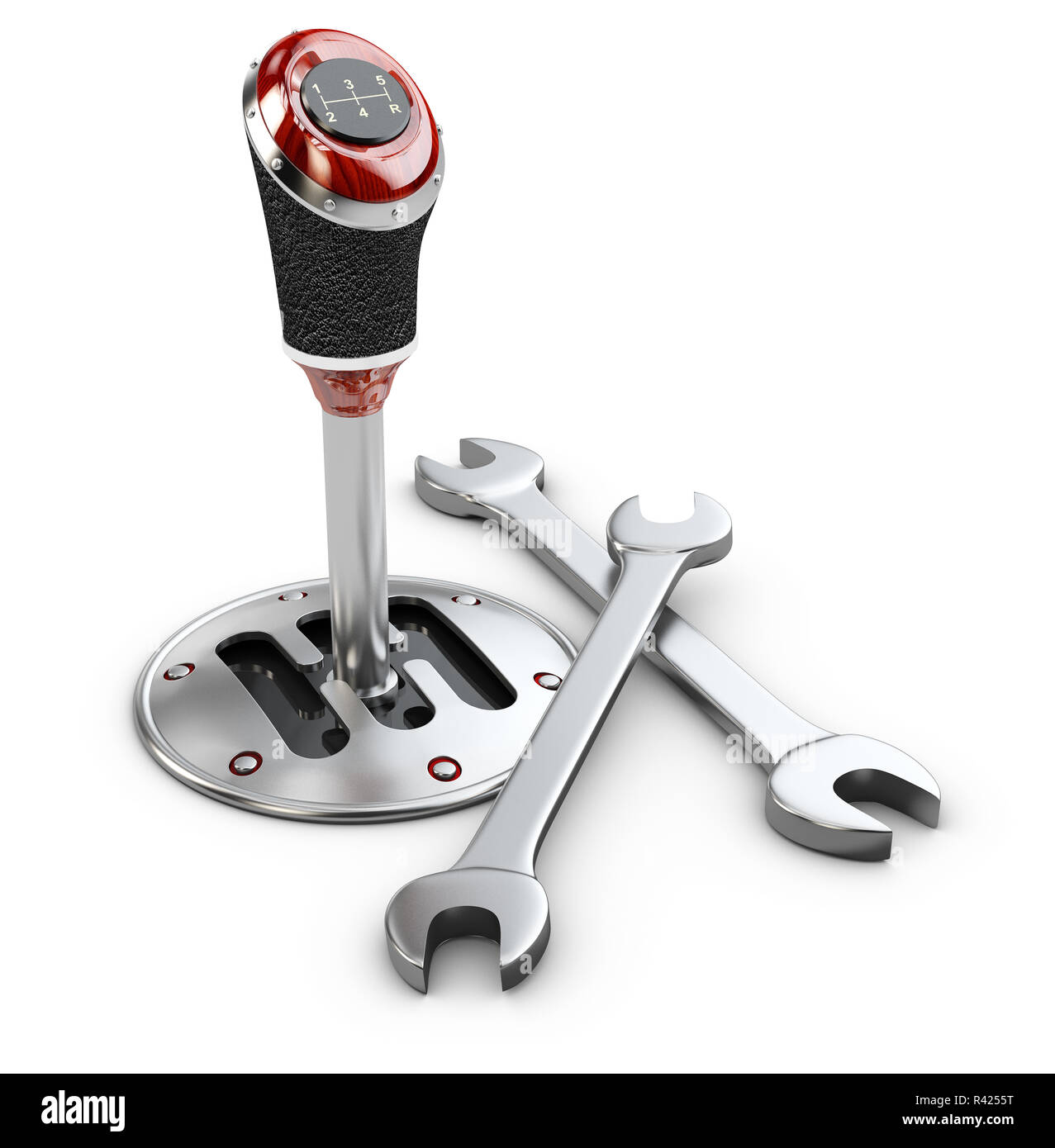 3d illustration of gear shift with Wrenches, isolated on white Stock