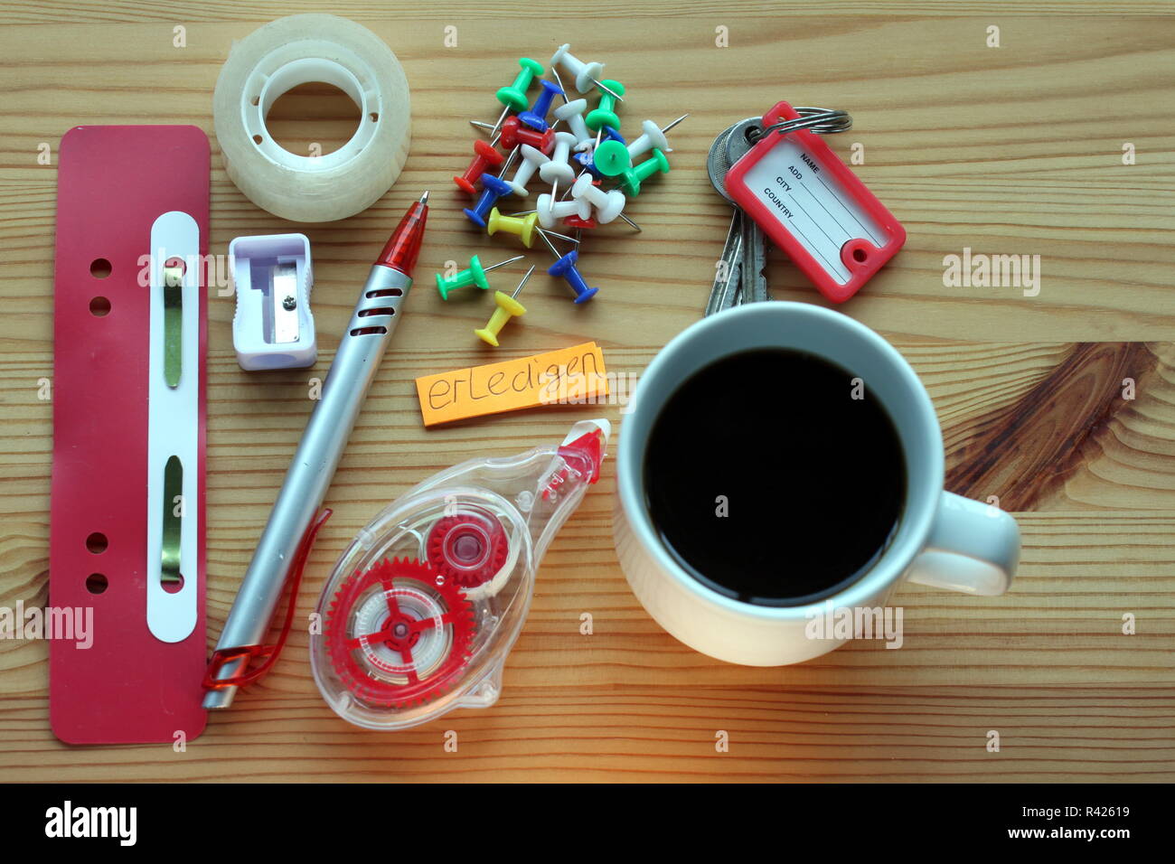 desk accessories with coffee on worktable Stock Photo