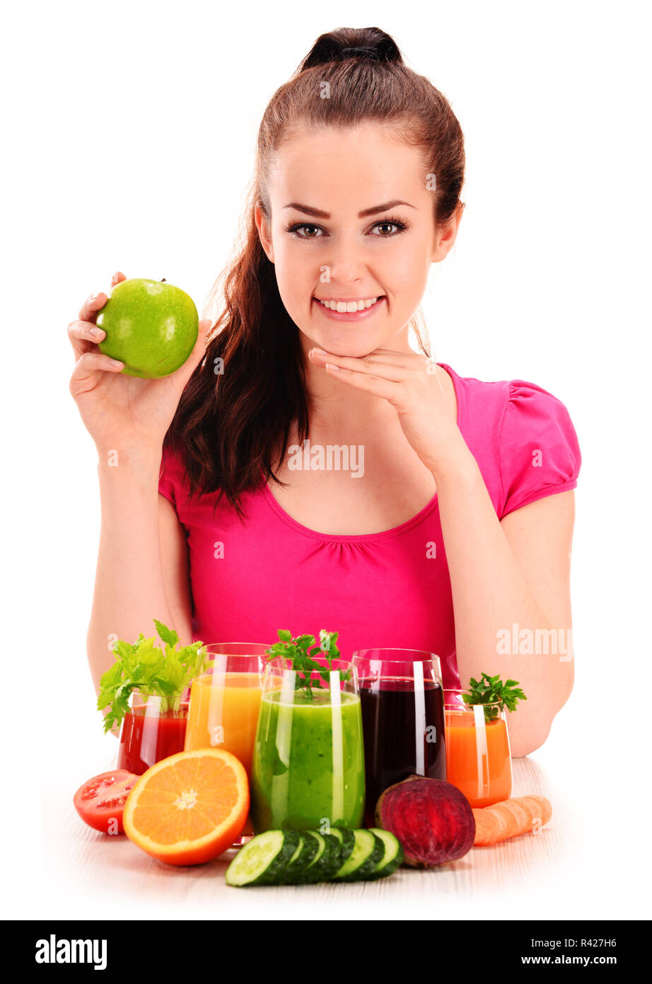Young woman with variety of vegetable and fruit juices Stock Photo Alamy