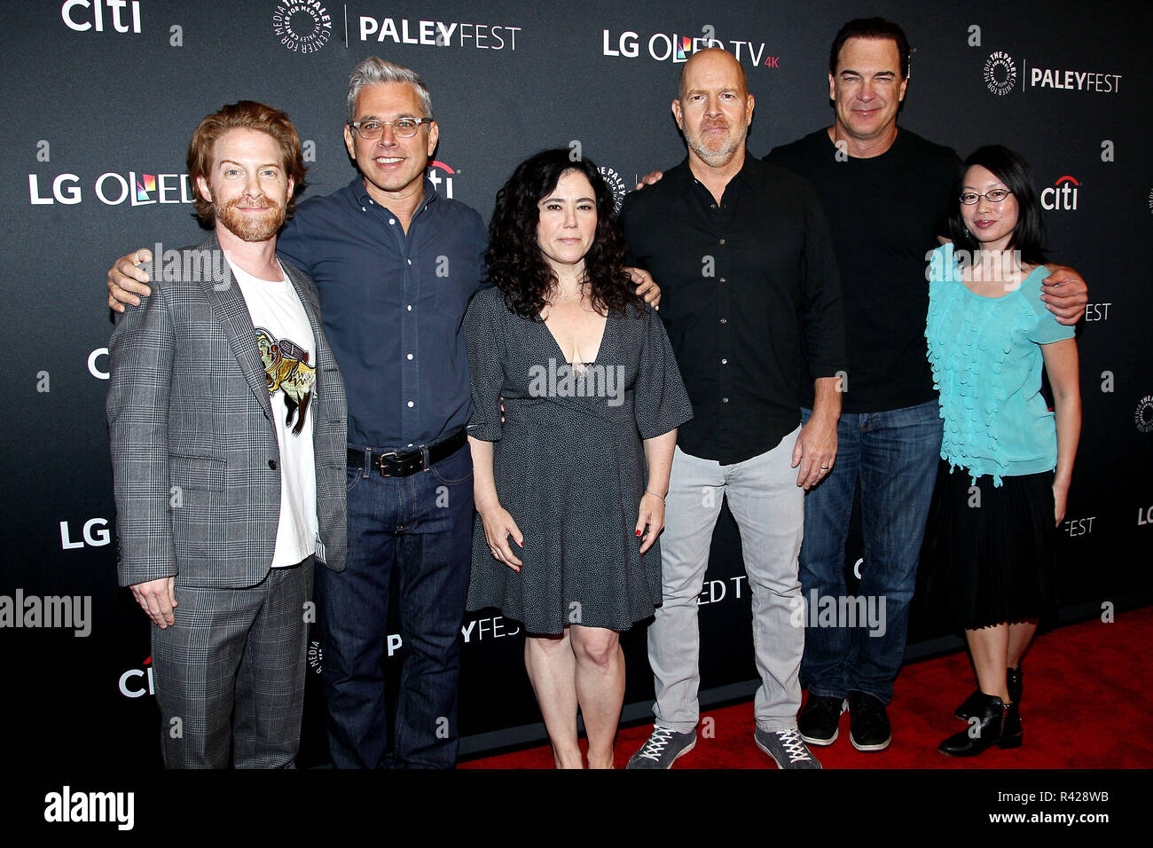 NEW YORK, NY - OCTOBER 07:  Actor Seth Green,  writer/producer Richard Appel, actors Alex Borstein, Mike Henry, Patrick Warburton and moderator Cherry Chevapravatdumrong attend 'Family Guy' during the PaleyFest NY 2017 at The Paley Center for Media on October 7, 2017 in New York City.  (Photo by Steve Mack/S.D. Mack Pictures) Stock Photo