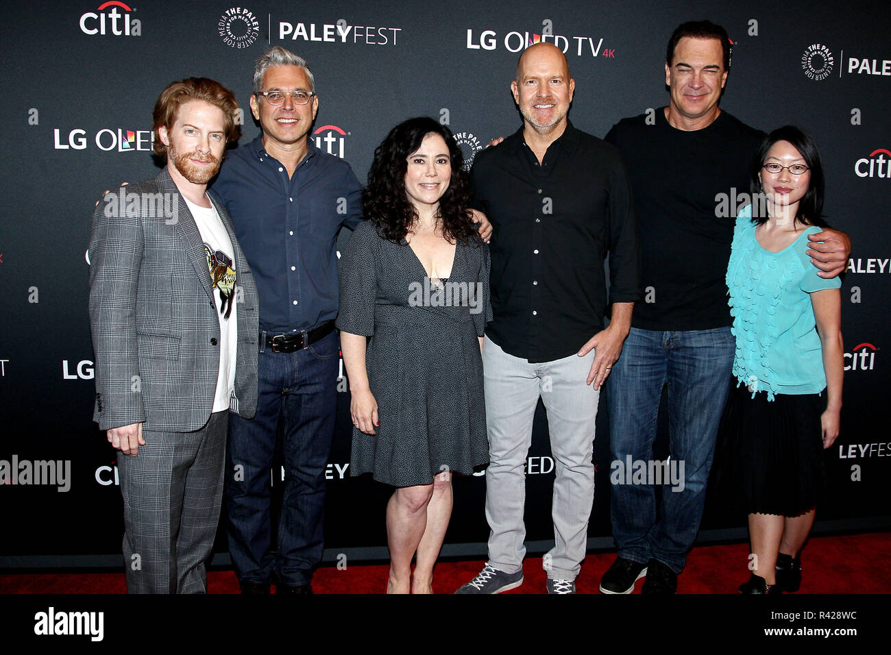 NEW YORK, NY - OCTOBER 07:  Actor Seth Green, writer/producer Richard Appel, actors Alex Borstein, Mike Henry, Patrick Warburton and moderator Cherry Chevapravatdumrong attend 'Family Guy' during the PaleyFest NY 2017 at The Paley Center for Media on October 7, 2017 in New York City.  (Photo by Steve Mack/S.D. Mack Pictures) Stock Photo