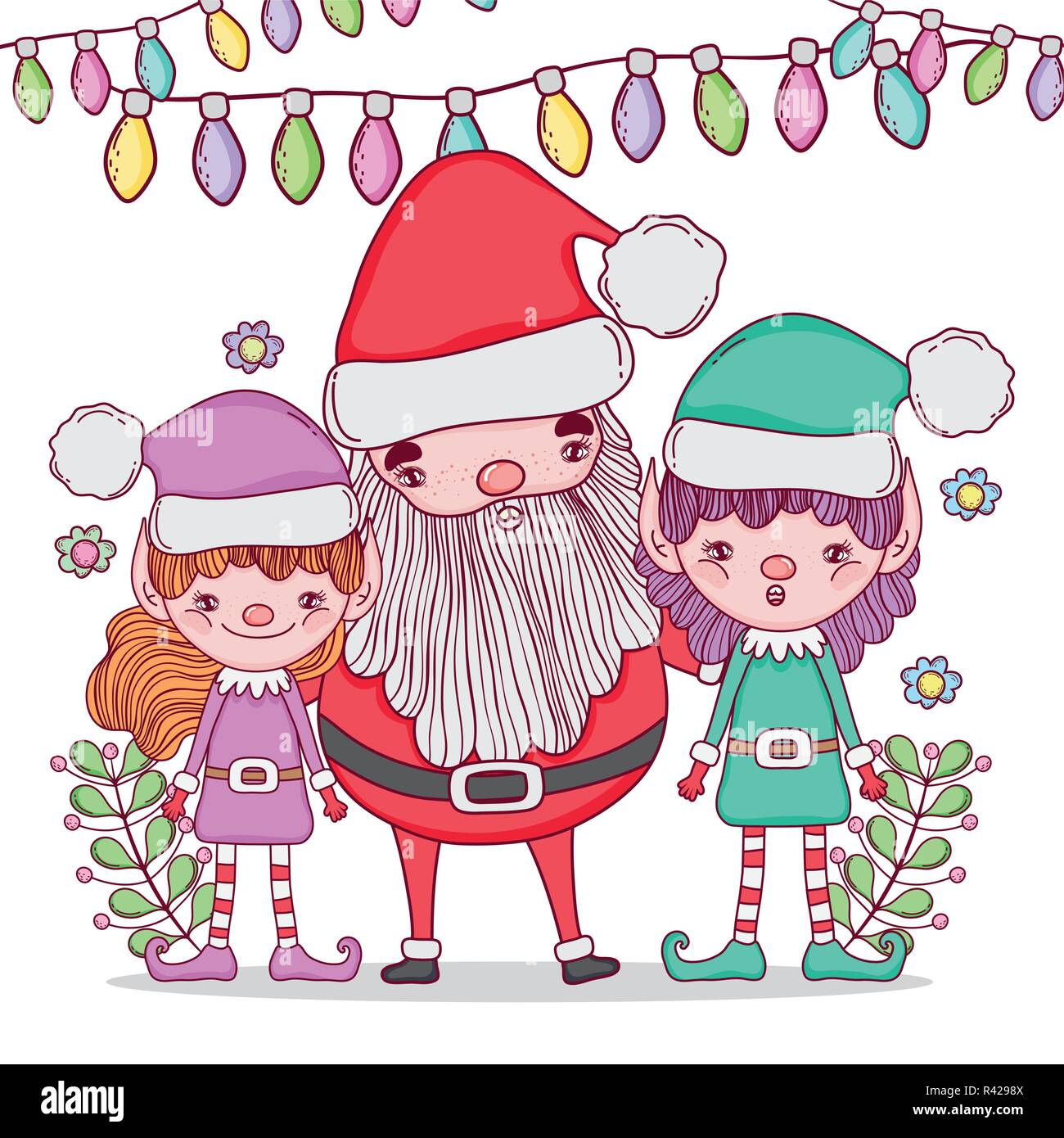 santa claus with elf and chritsmas lights vector illustration Stock ...