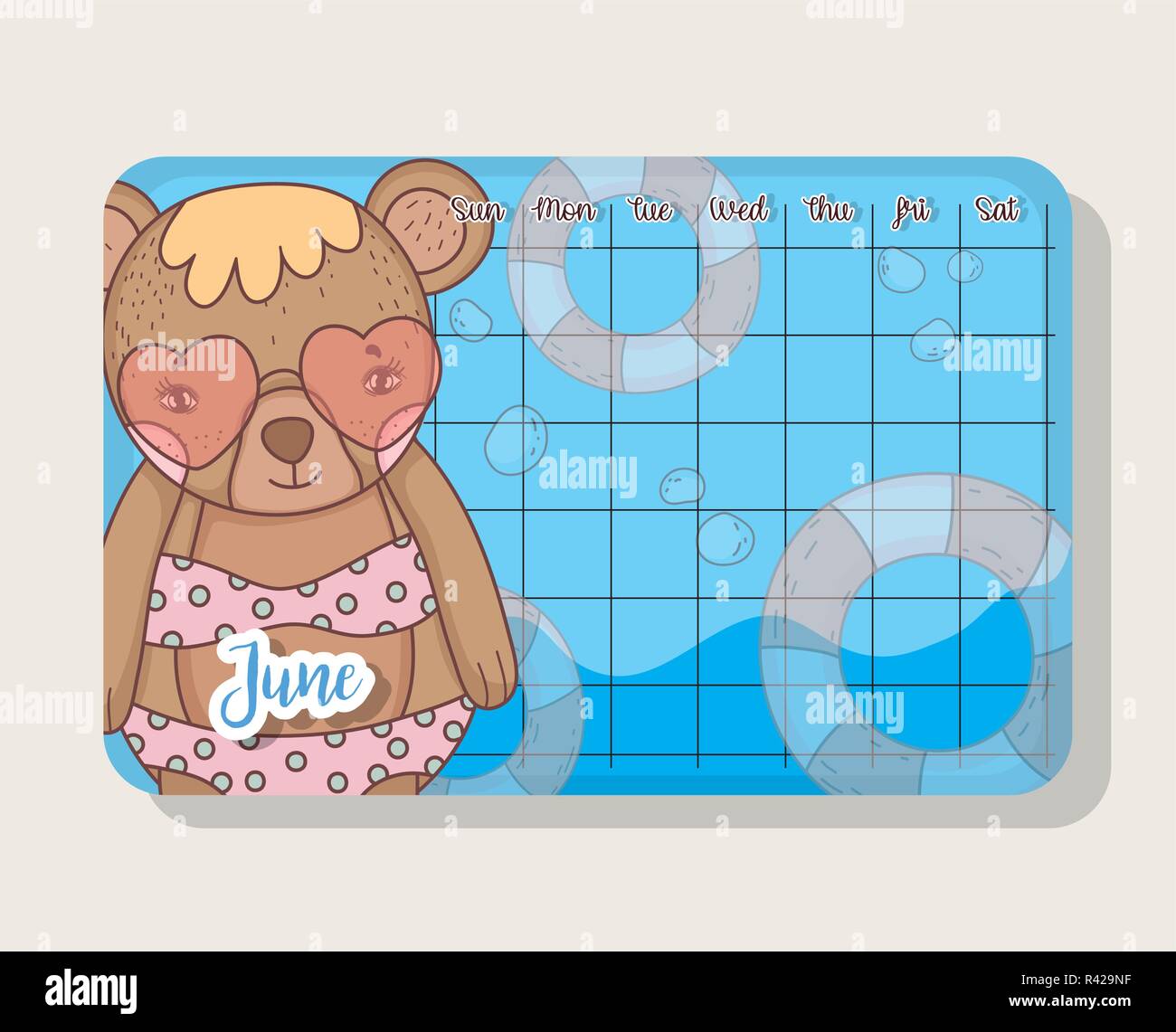 june calendar with bear cute animal vector illustration Stock Vector