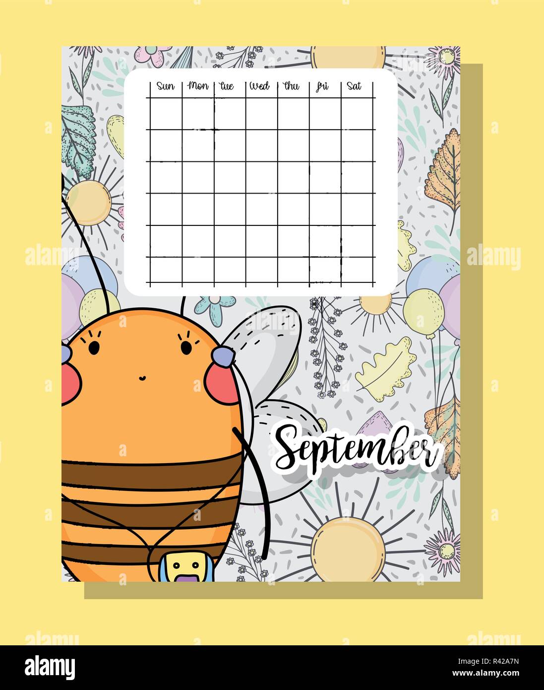september calendar information with bee and flowers vector illustration ...