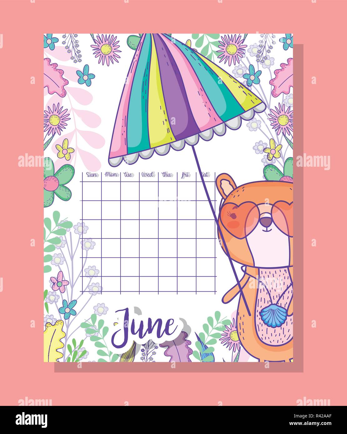 June Calendar Information With Squirrel And Plants Vector Illustration 