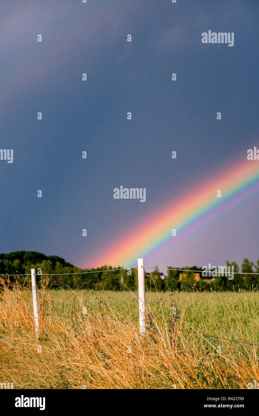 Rainbow coming over a field Stock Photo - Alamy