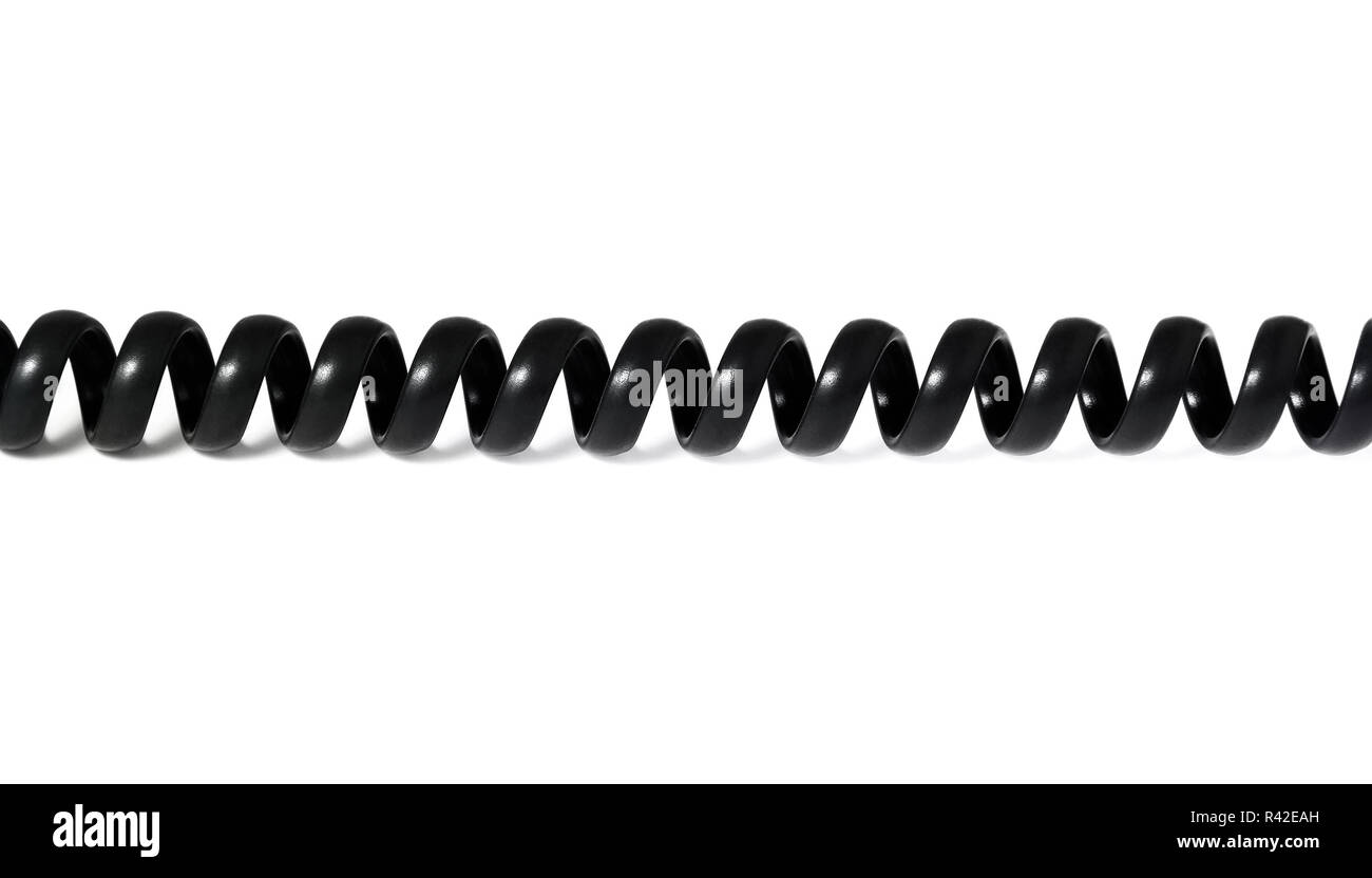 Twisted black telephone cord on a white background Stock Photo