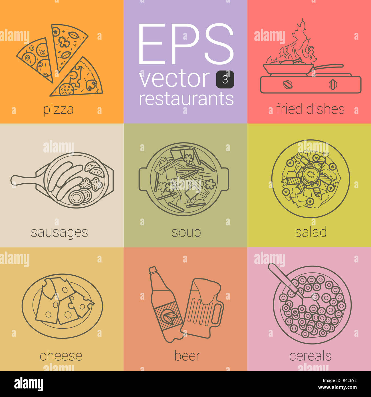 delicious food from restaurants in a thin contour icons painted in the ...