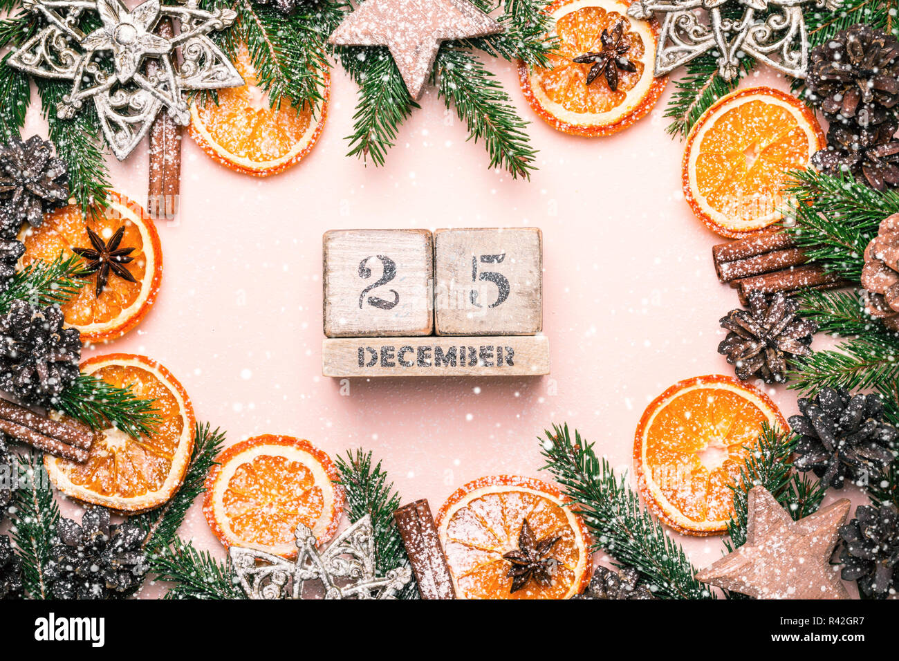 Christmas Natural Frame Of Dry Oranges Slices And Decor Calendar