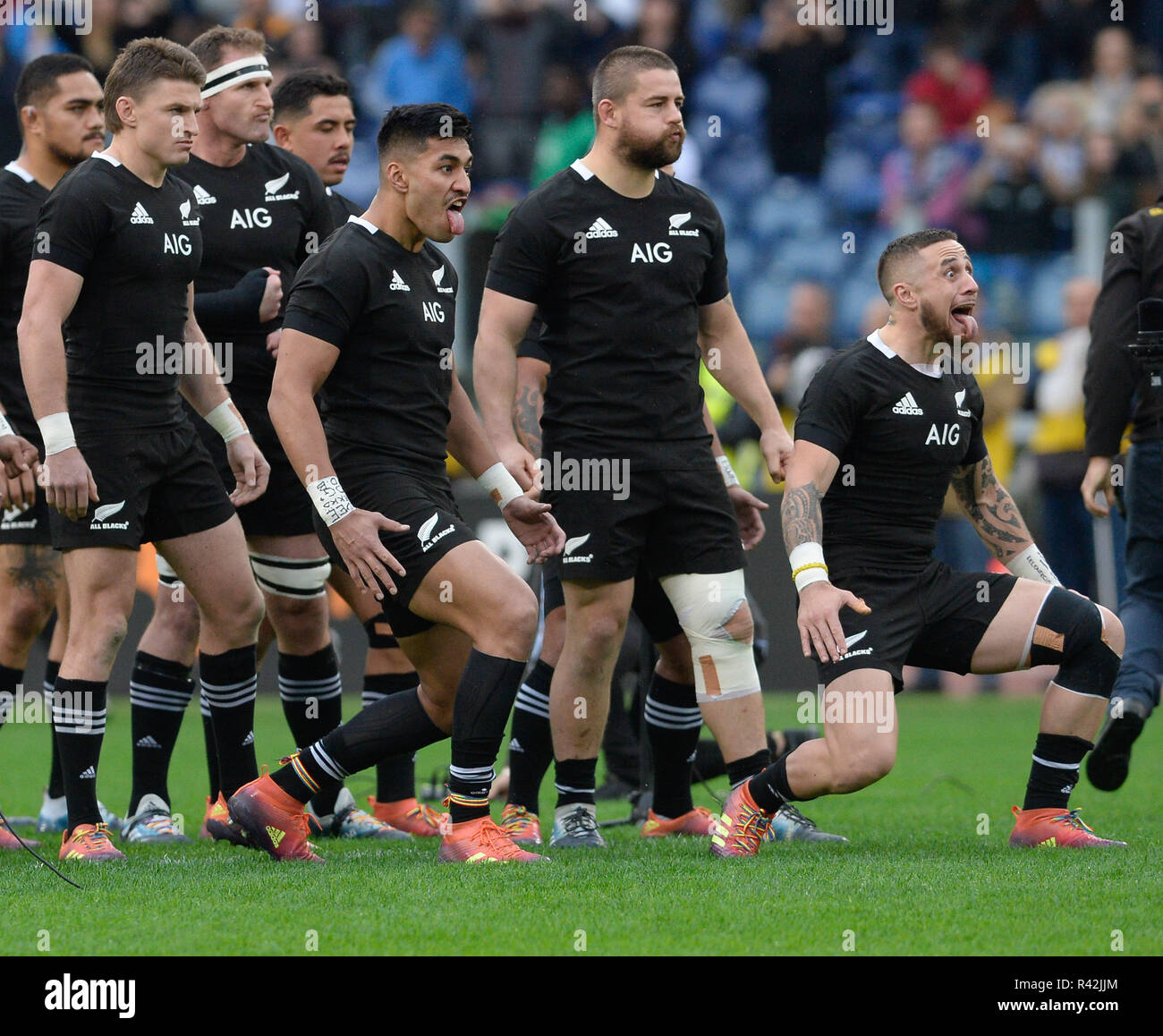 Italy. 24th Nov, 2018. TJ Perenara of the All Blacks leads the haka during  the International Rugby match between the New Zealand All Blacks and Italy  at Stadio Olimpico on November 24,
