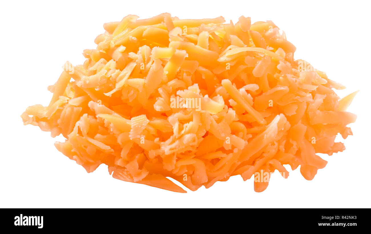 Grated Cheddar cheese, pile of, isolated on white, shadowless Stock