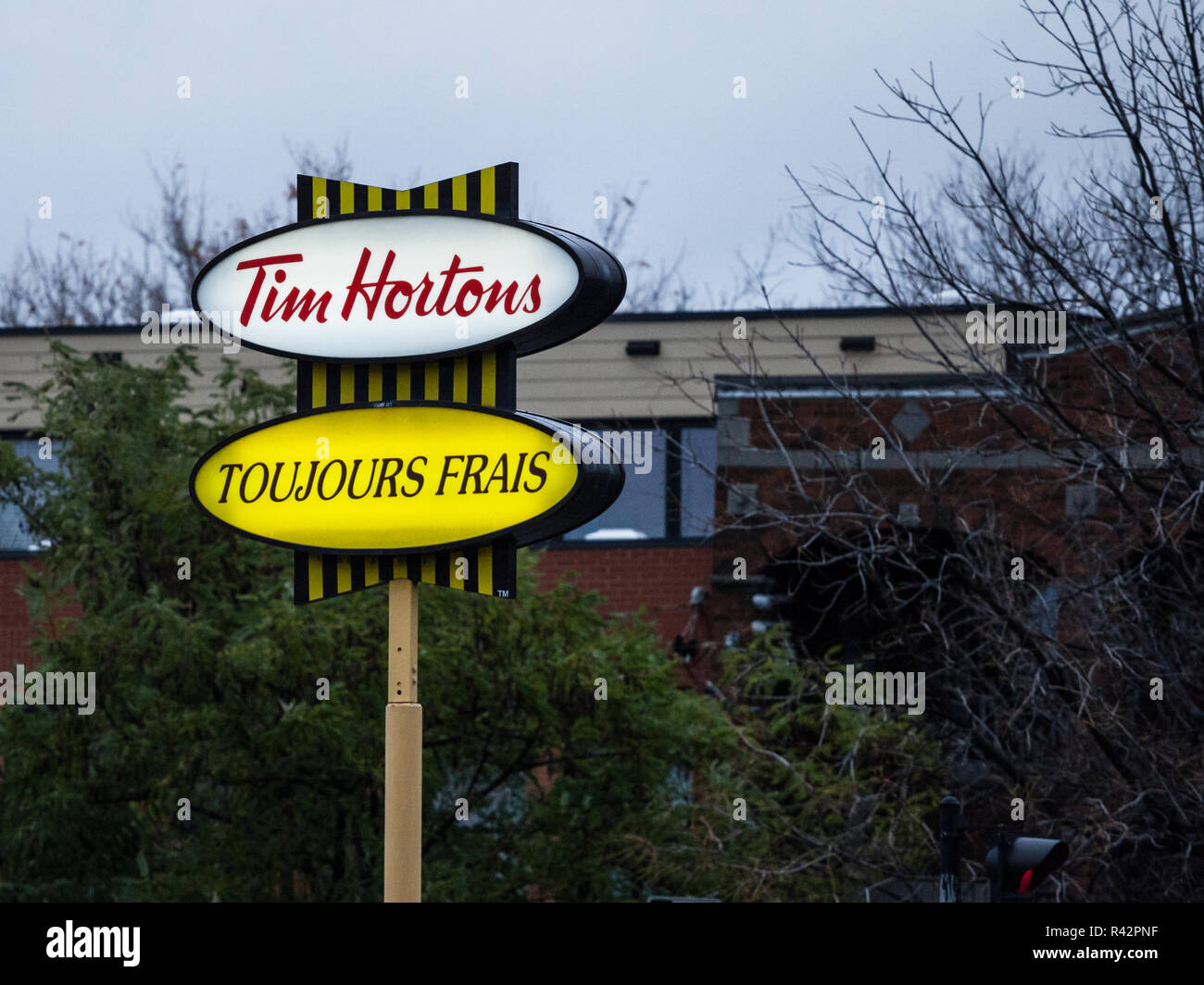 MONTREAL, CANADA - NOVEMBER 9, 2018: Tim Hortons logo in front of one of  their restaurants in Montreal, Quebec. Tim Hortons is a cafe and fastfood  can Stock Photo - Alamy