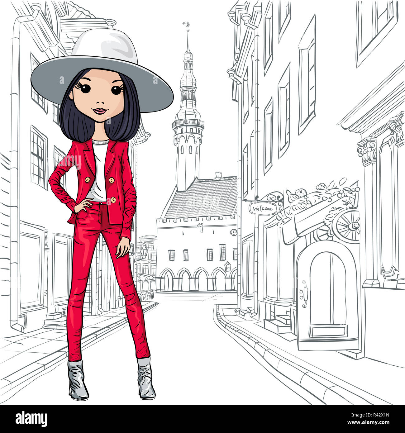 Vector beautiful fashion girl in costume and hat Stock Photo