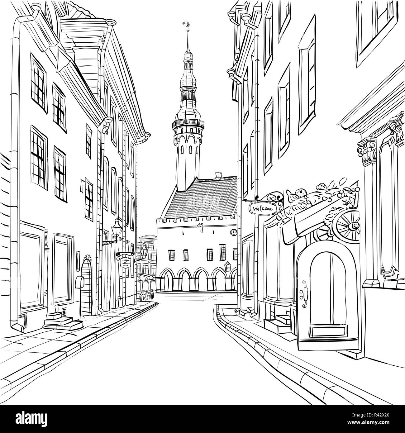 Vector Medieval Old Town, Tallinn, Estonia Stock Photo