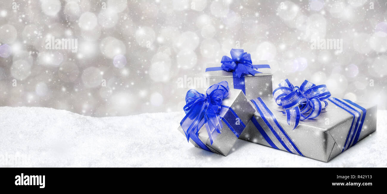 christmas gifts in blue and silver Stock Photo