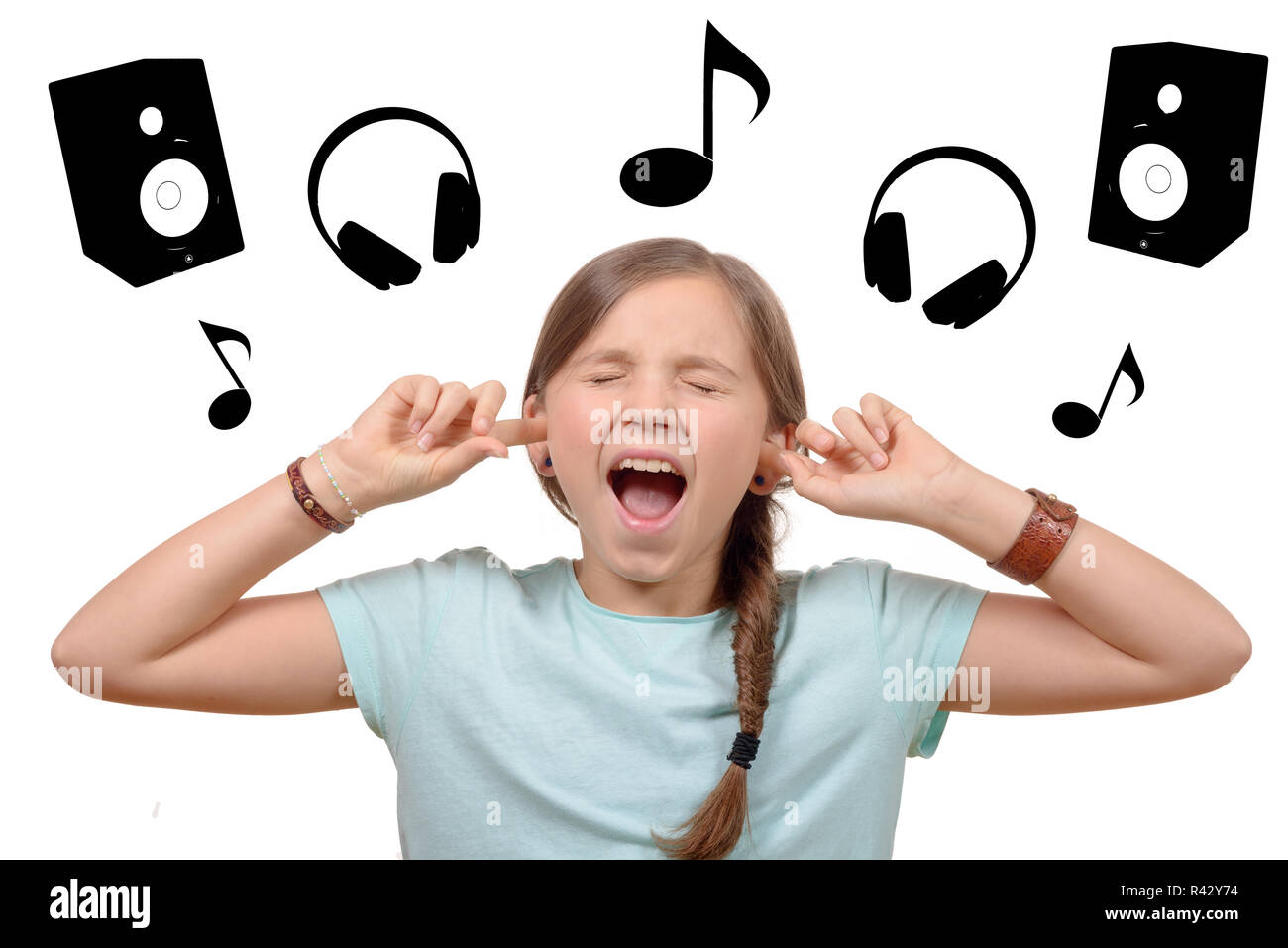 girl covering her ears,to say stop making loud noise giving me headache