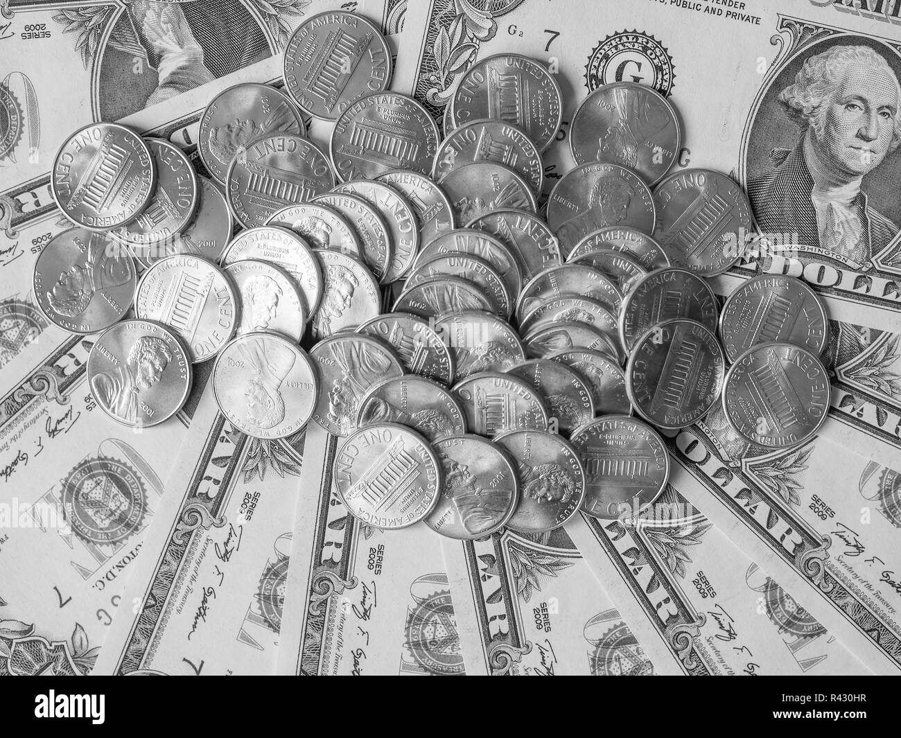 Black and white Dollar coins and notes Stock Photo - Alamy