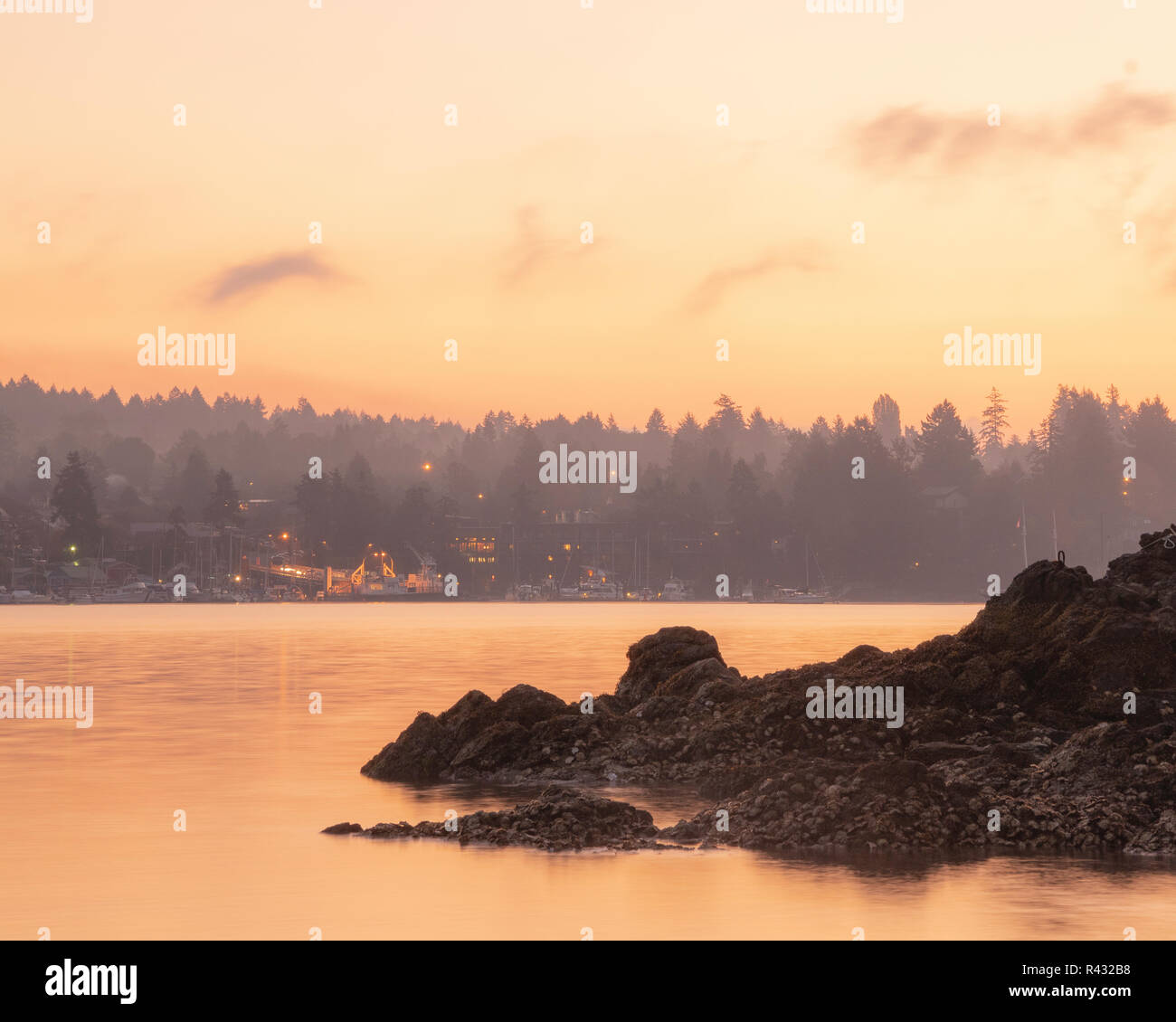 Morning sunrise of Brentwood Bay ferry terminal, B.C. Canada Stock Photo