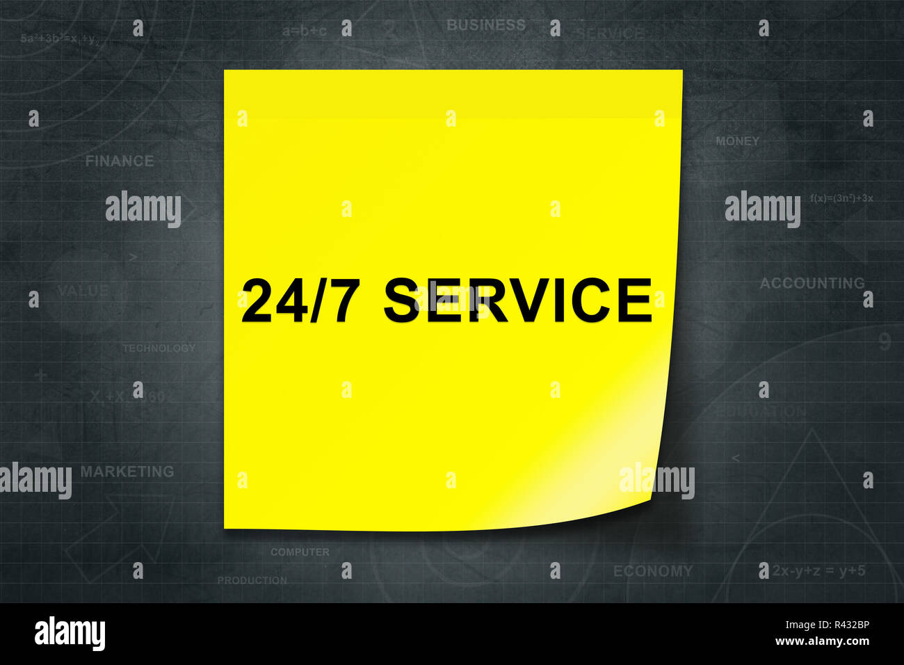 24 hours a day, 7 days a week service word on yellow note Stock Photo