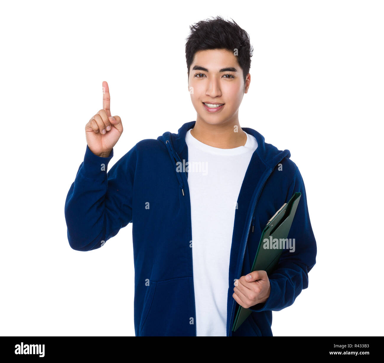 Man hold with clipboard and finger point up Stock Photo - Alamy