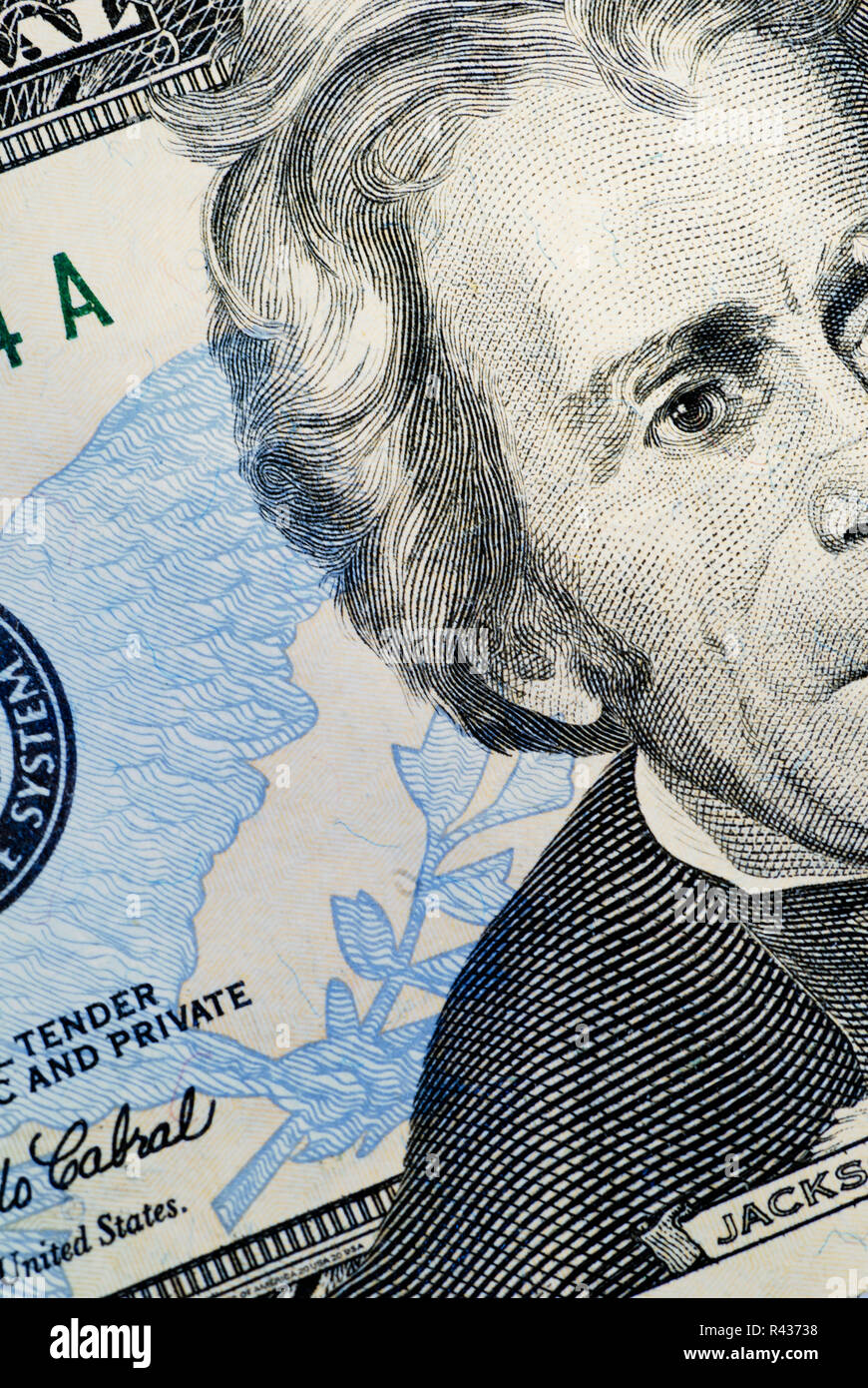 An extreme closeup of Andrew Jackson on a twenty dollar bill. Stock Photo