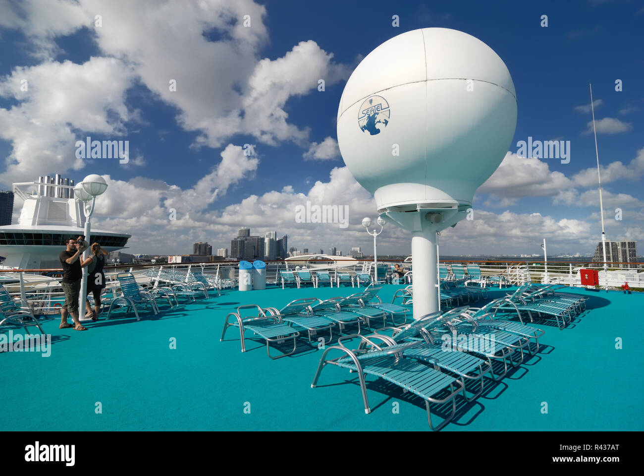 Satellite equipment on the upper deck of Royal Caribbean Interational's Majesty of the Seas cruise ship. Stock Photo