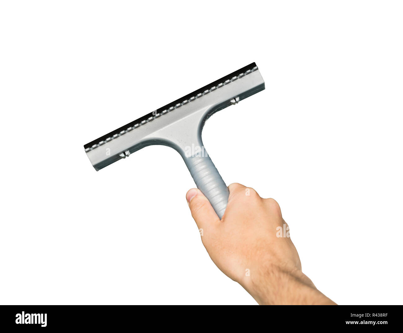 Grey window glass squeegee in male hand isolated on white background. Cleaning supplies. Man angularly holds cleaner to brush the surface. Eguipment for tidying up, housekeeping. Care about cleanness. Stock Photo