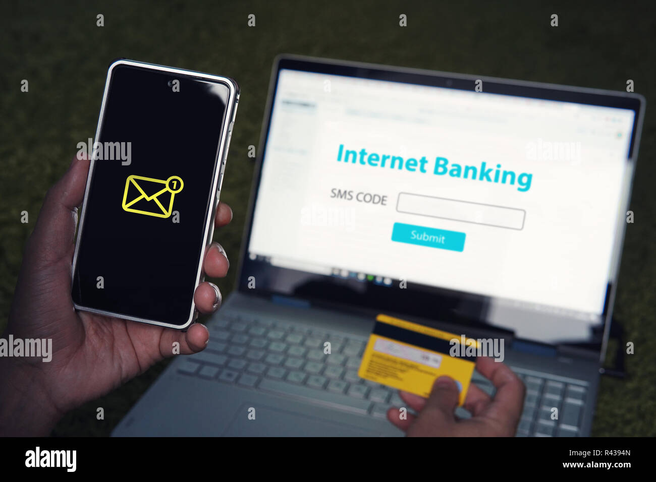 Internet Banking Online Payment Technology Concept. Came SMS password from your personal account mobile phone to enter the online Bank. online banking is protected by an individual password. Stock Photo