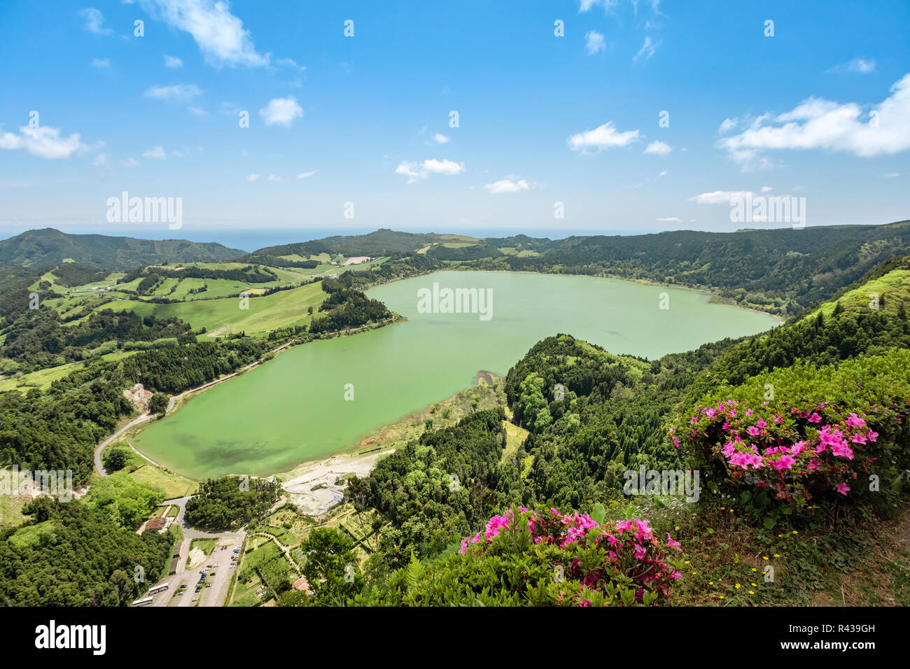 Aerial view of Lagoa das Furnas located on the Azorean island of Sao ...