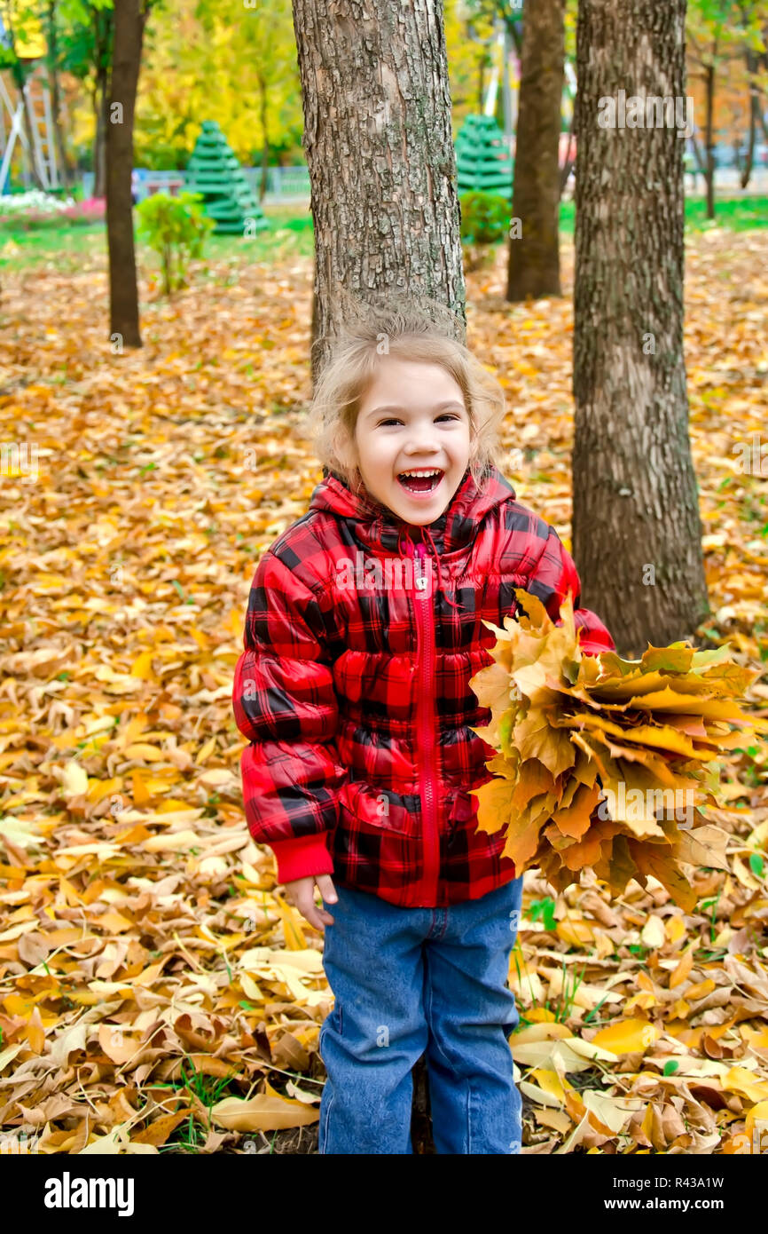 Little girl in a red jacket with leaves Stock Photo - Alamy