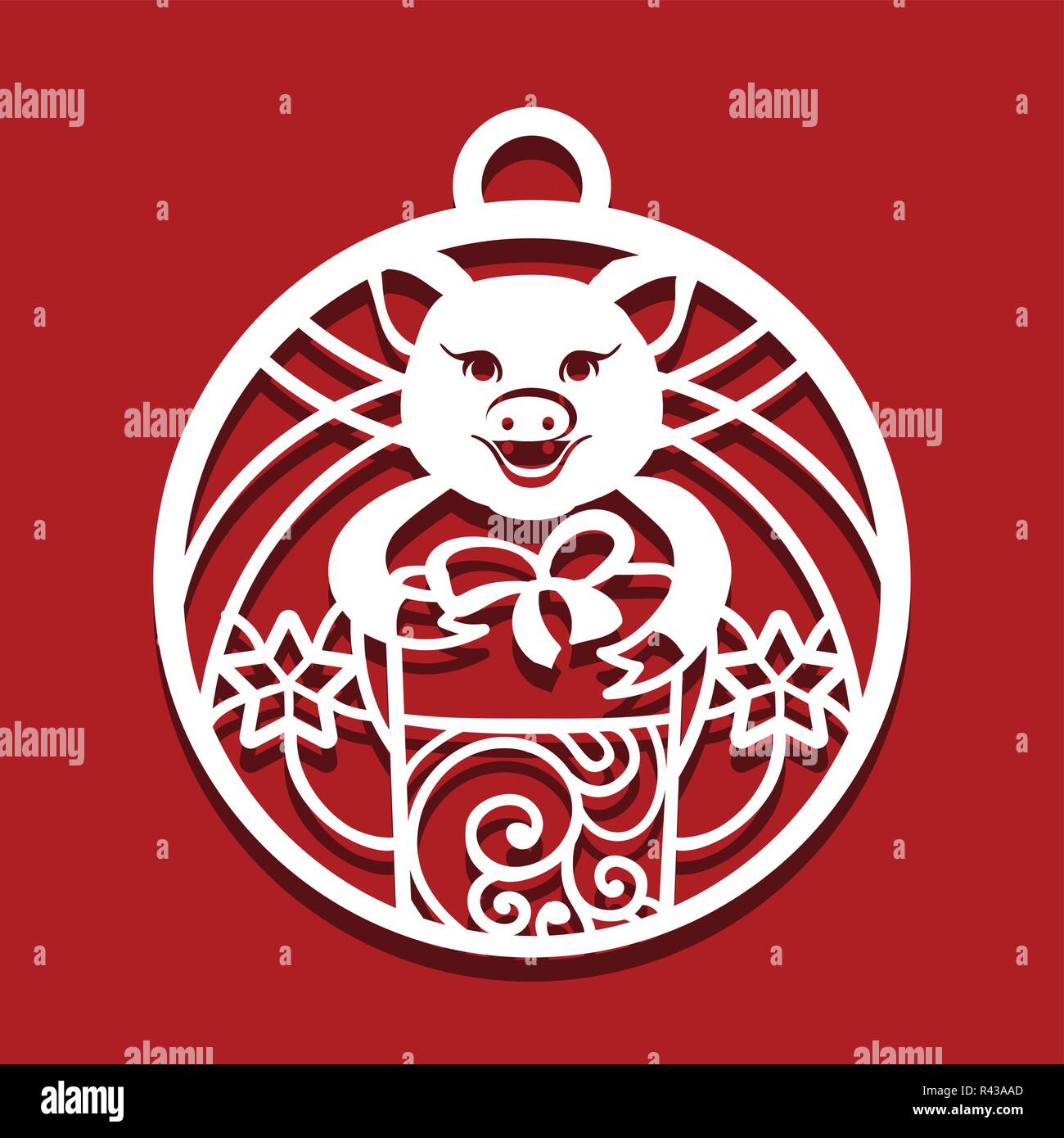 Pig Cutting Icon. Pig simple drawing for laser cutting. Pig with gift in circle shape. Symbol of 2019 Stock Vector