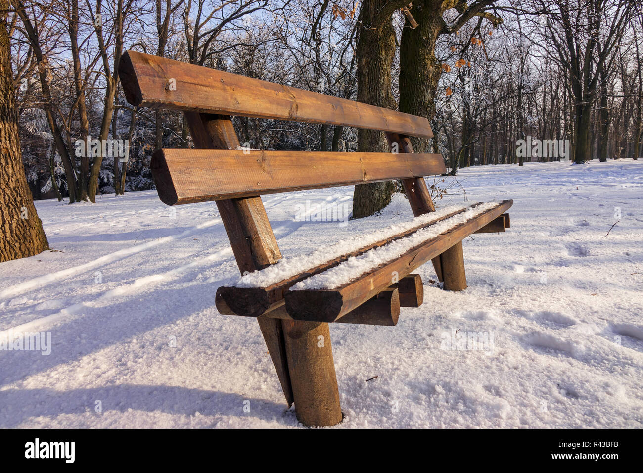 Bench in the park covered with snow Stock Photo - Alamy