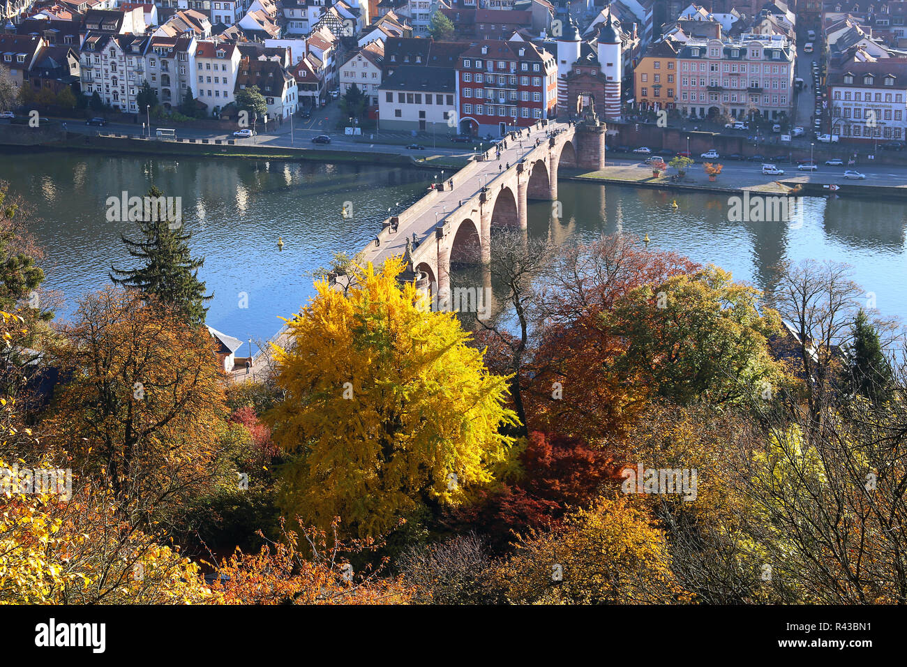 karl theodor bridge over the river neckar in heidelberg in autumn 2015 Stock Photo