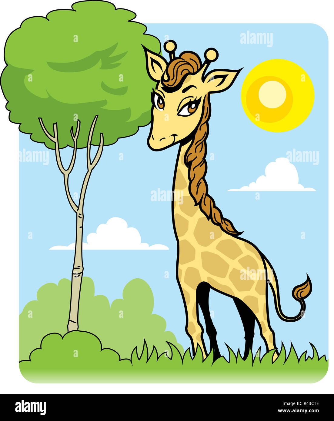 Cute Giraffe and Tree Stock Photo