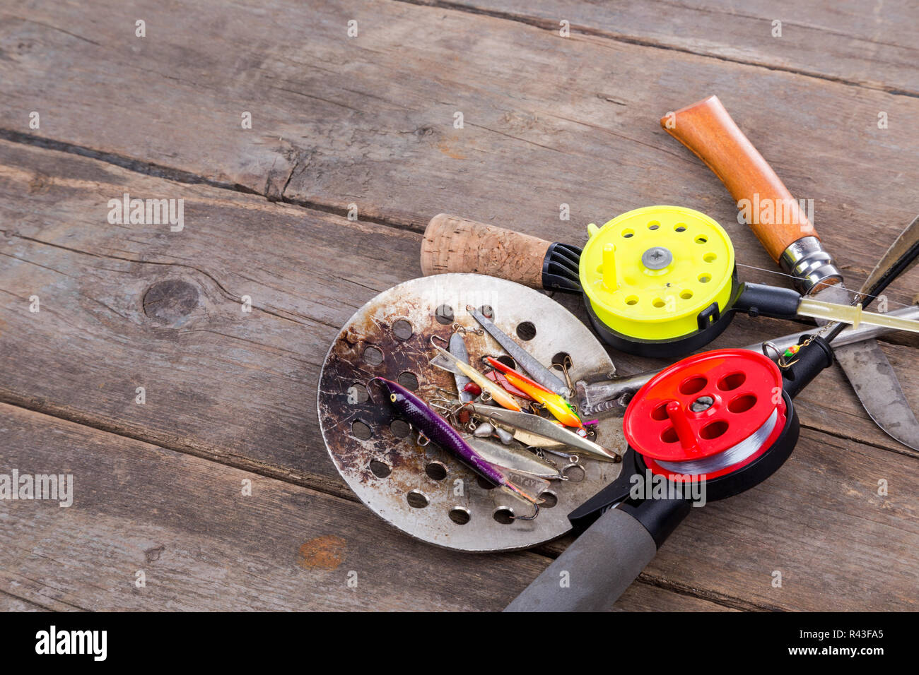 closeup ice fishing tackles and equipment Stock Photo Alamy