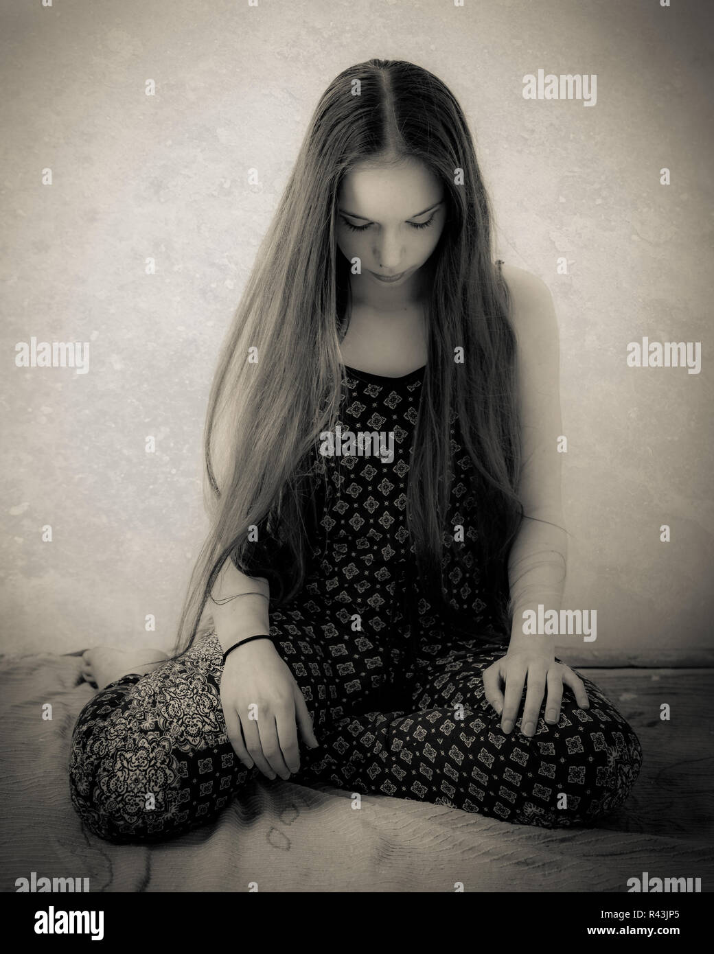 Teenage Girl With Extremely Long Hair In Black And White Stock