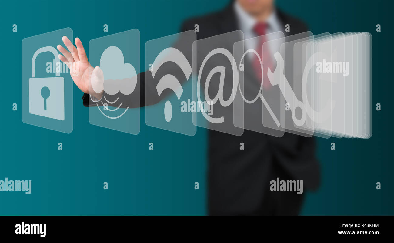 man select computer icon on touch screen Stock Photo - Alamy