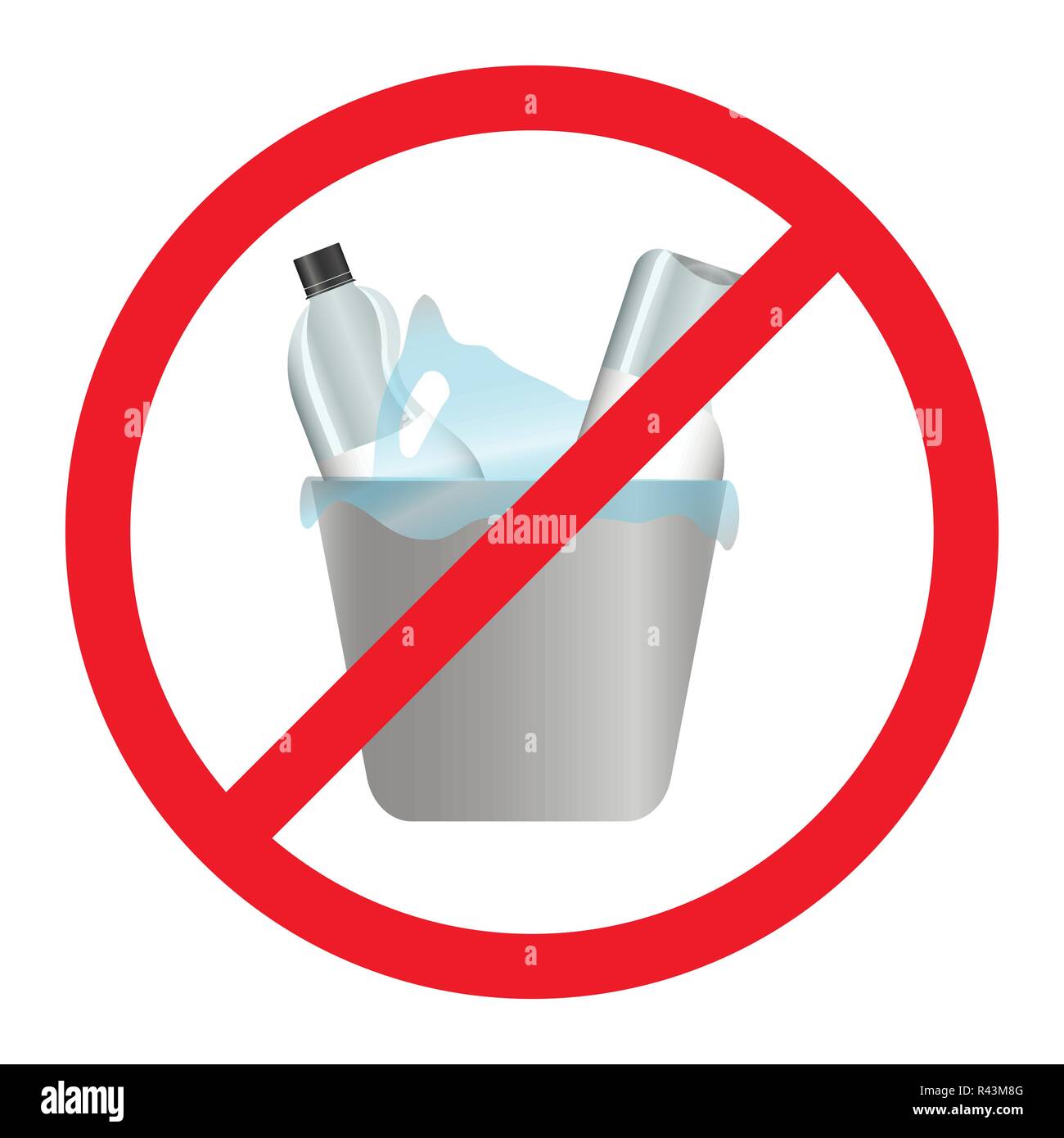 Stop plastic pollution. Rumpled Plastic dishes and bags in the bin. Red circle crossed out Stock Vector