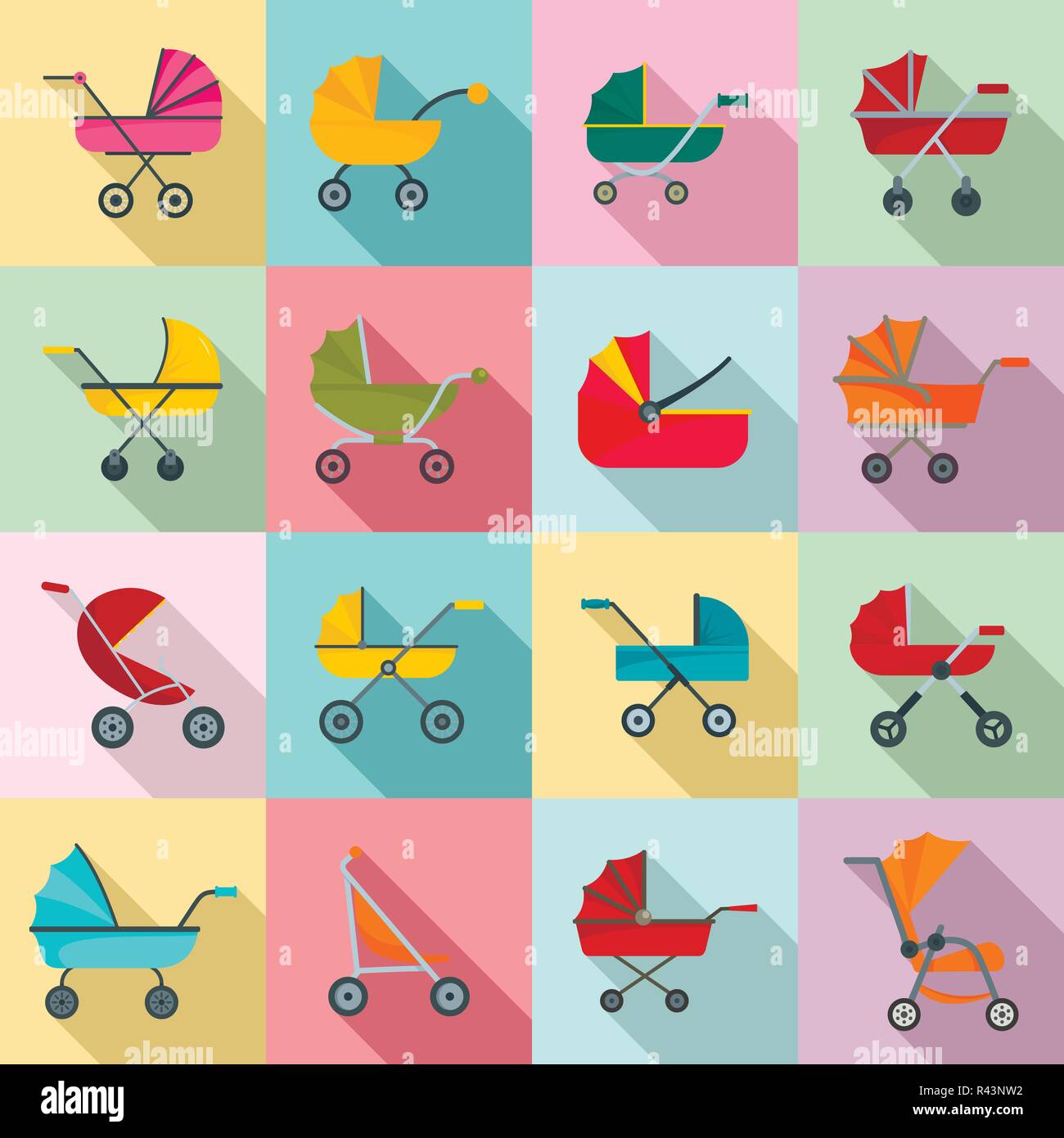 Pram stroller carriage cradle buggy icons set. Flat illustration of 16 ...