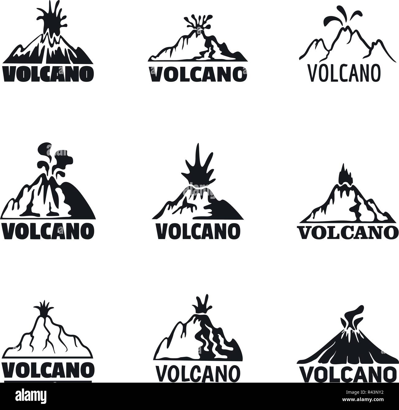 Volcano eruption lava earthquake logo icons set. Simple illustration of 9 Volcano eruption lava earthquake vector logotype icons for web Stock Vector