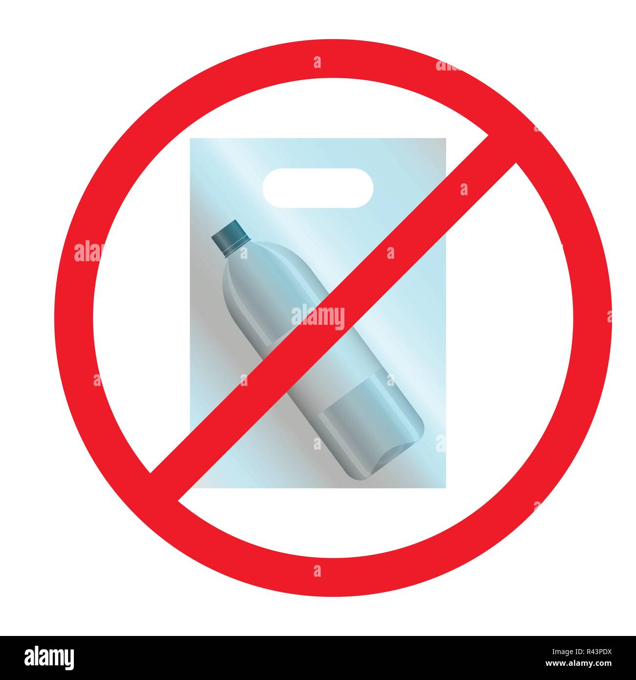 Stop plastic pollution. Plastic dishes and bags. Red circle crossed out Stock Vector
