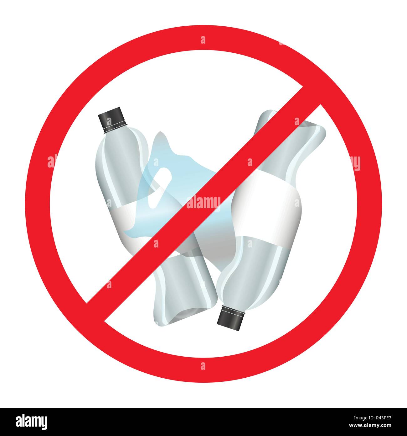 Stop plastic pollution. Rumpled Plastic dishes and bags. Red circle crossed out Stock Vector