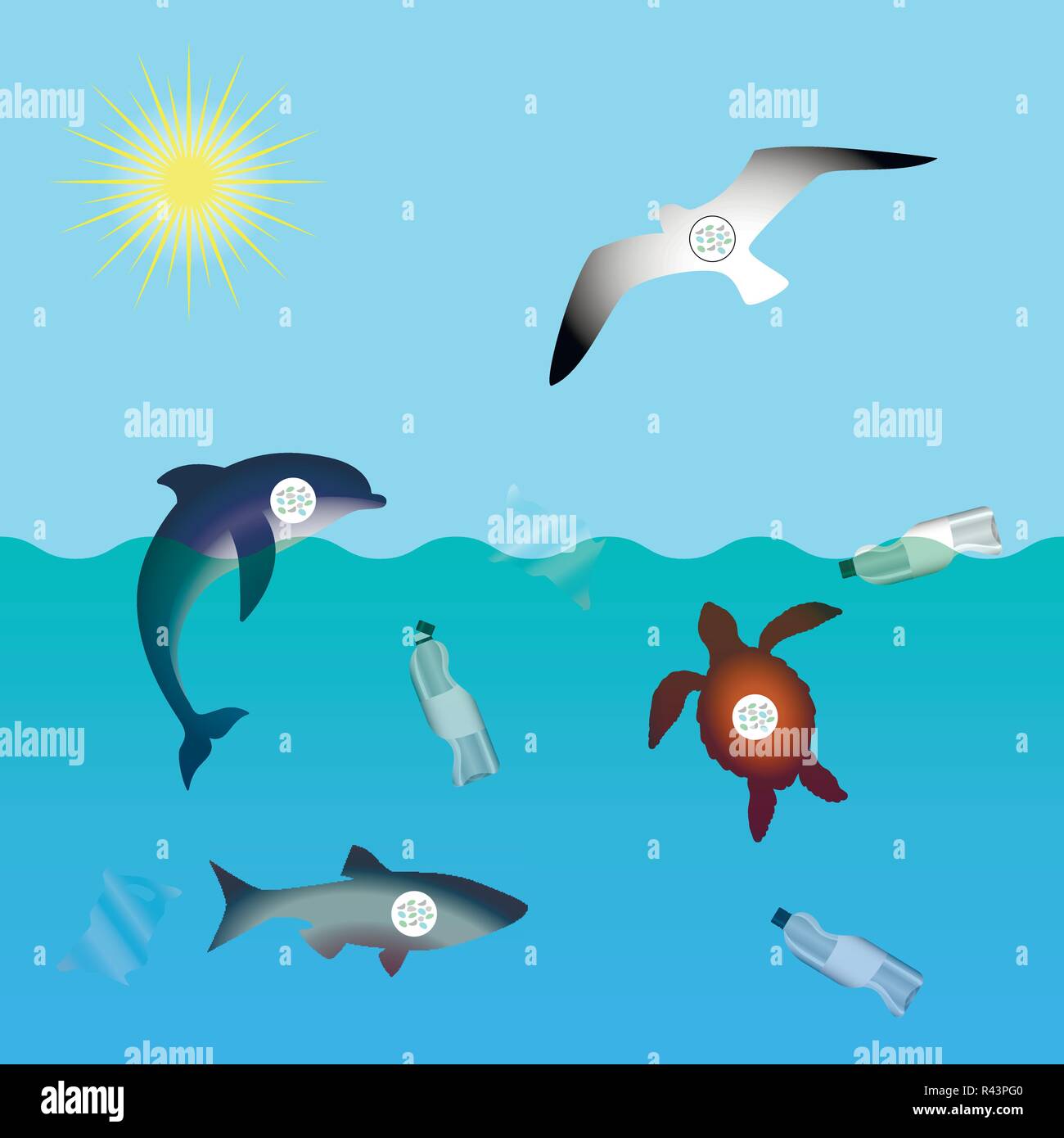 Animals affected by microplastic water contamination. Stop plastic pollution.  Rumpled Plastic dishes and bags, Fish, dolphin, seagull, sea turtle, mic  Stock Vector Image & Art - Alamy