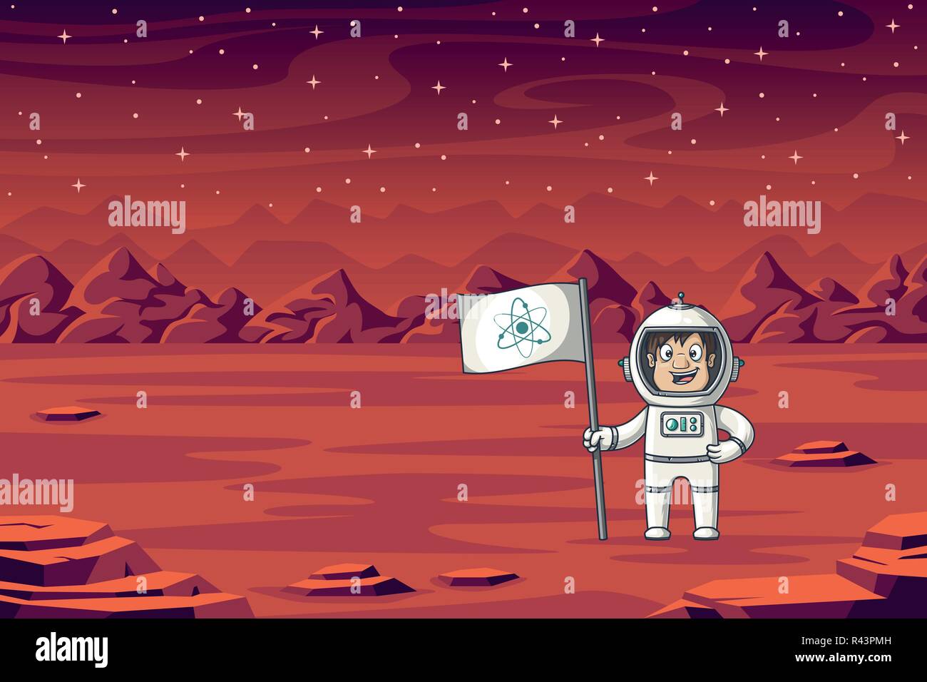 An astronaut stands with flag on Mars Stock Vector