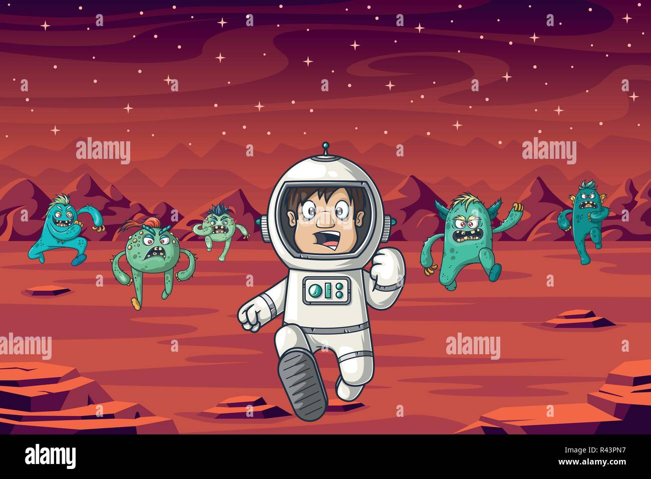 An astronaut is being chased by monsters on Mars Stock Vector