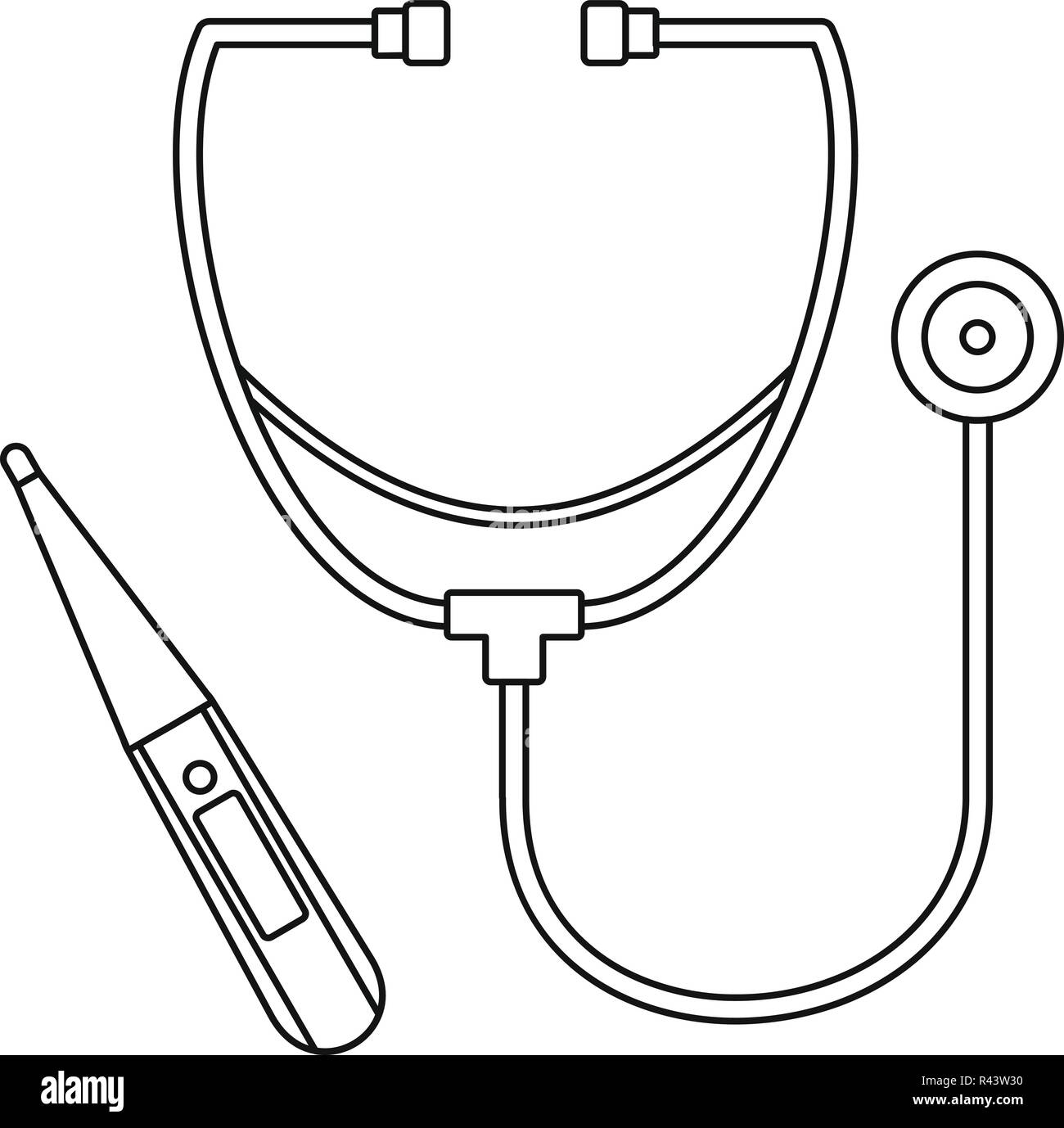 Stethoscope, thermometer icon. Outline illustration of stethoscope, thermometer vector icon for web design isolated on white background Stock Vector