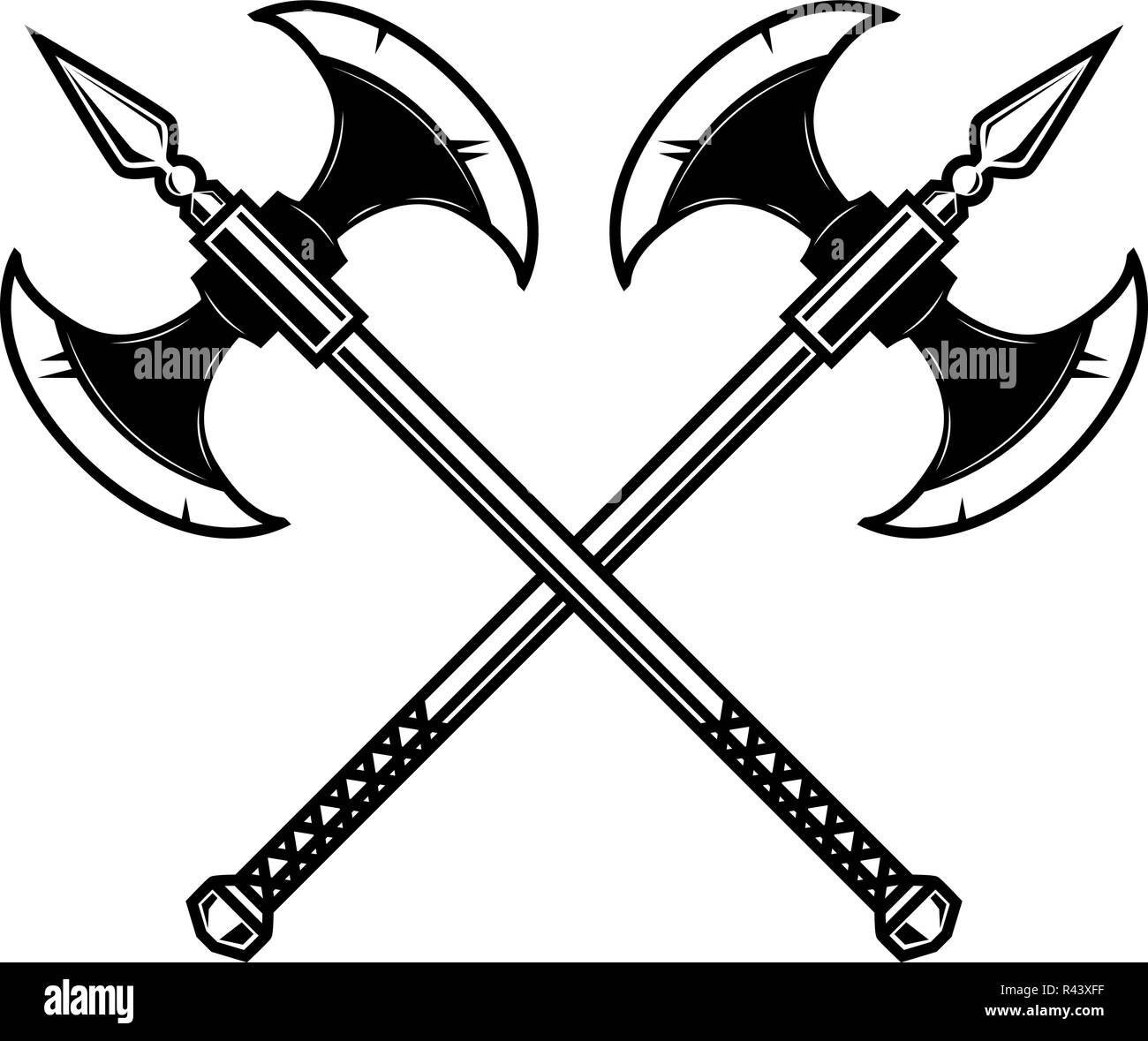 Crossed medieval axe. Design element for label, badge, sign. Vector
