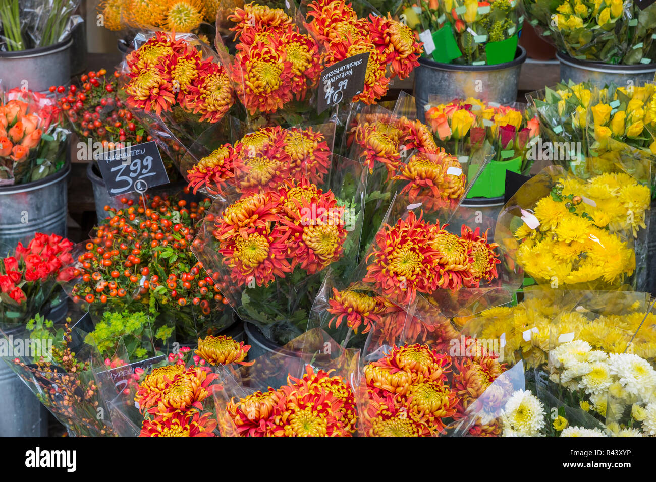 selection of flowers in front of a flower shop Stock Photo